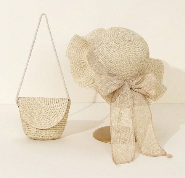 Волнистая Пляжная Шляпа от Солнца и Плетеная Сумка-Тоут на Плечо