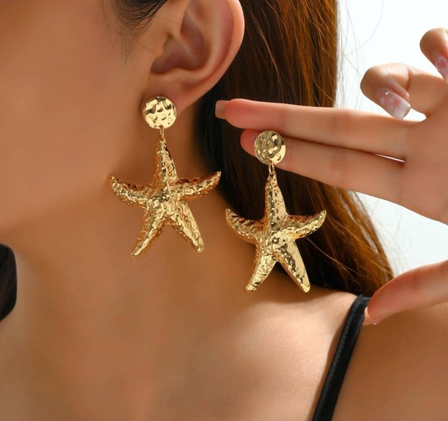 1pair Boho Textured Starfish Drop Earrings For Women