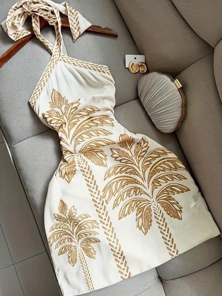 2026 Summer Beach Vacation Sexy Tropical Palm Tree Print Criss-Cross Tie Front Short Dress White Elegant