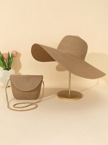 2pcs/Set Women's Bohemian Solid Color Straw Hat