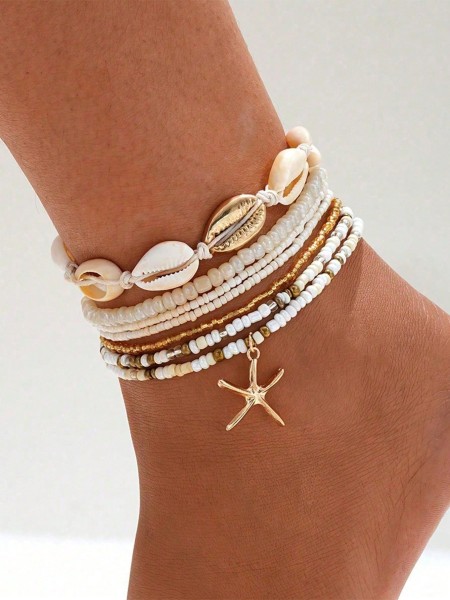 7pcs Bohemian Style Beaded Handmade Bracelet With Shell & Starfish Elements