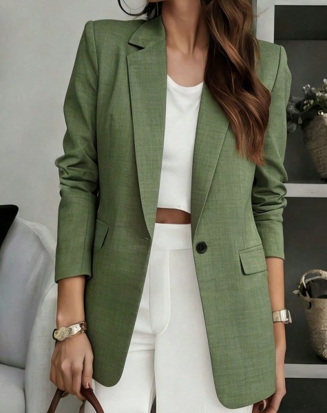 Blazer Femme à Col en V Manches Longues - Veste Légère à Simple Boutonnage