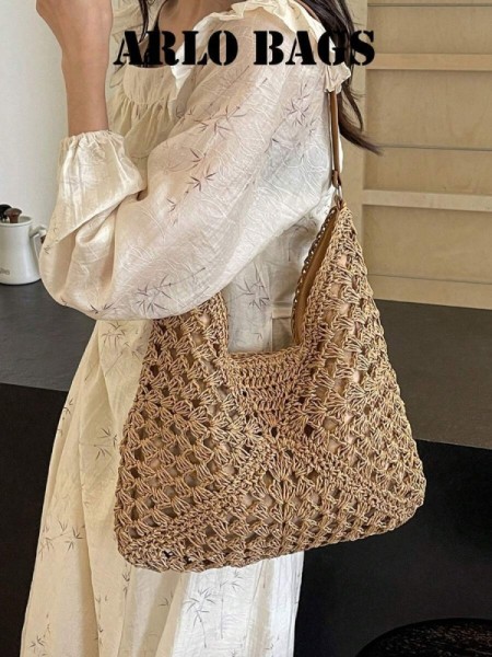 Bolsa hobo trançada de palha no estilo resort para praia, férias e looks cotidianos