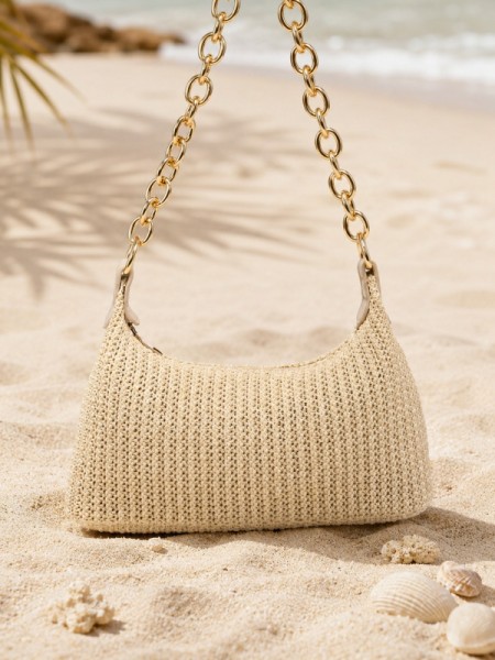 Bolso Casual Amplio de Paja Tejida con Cadena Metálica en Albaricoque para Mujer
