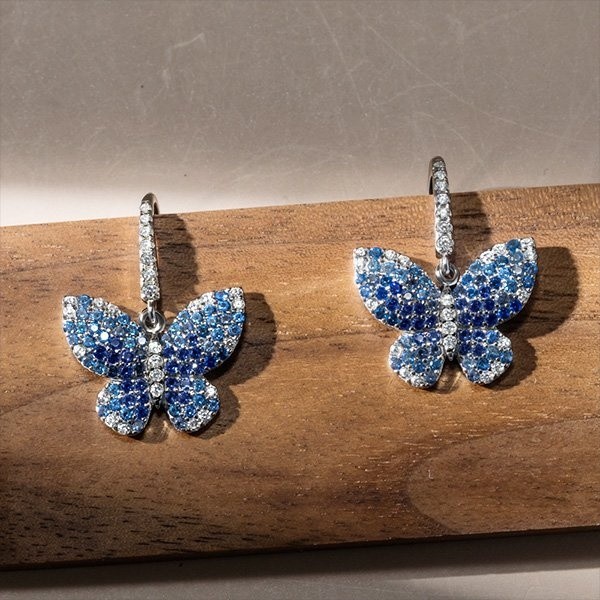 Boucles d'oreilles pendantes rondes papillon saphir bleu pour femmes
