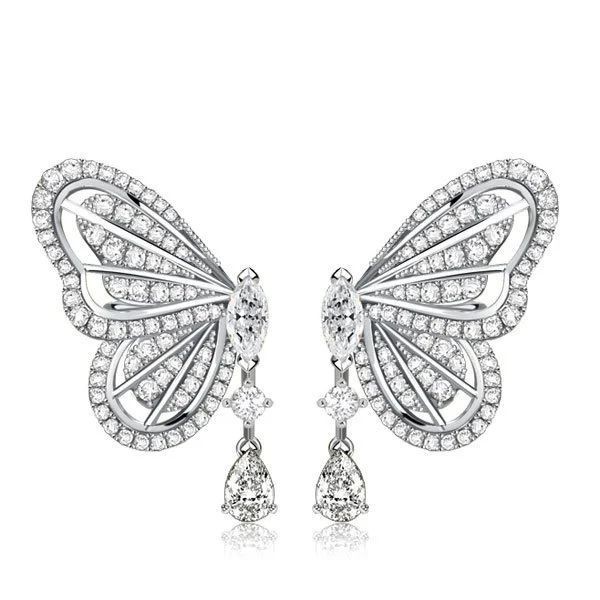 Brincos Pendentes de Prata com Safira Branca Borboleta