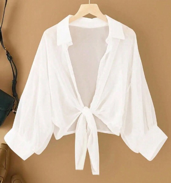 Camisa Blanca Casual de Chifón Recortada con Mangas de Murciélago