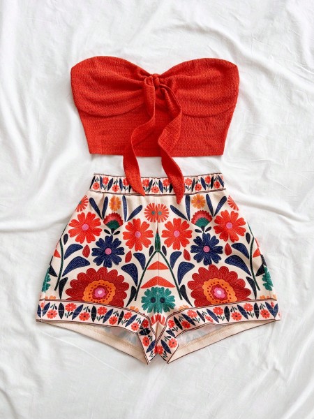 Conjunto de 2 Piezas Top Tubo Corto Anudado Naranja de Vacaciones para Mujer y Shorts con Estampado Floral