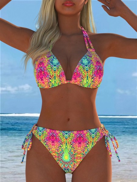 Conjunto de Bikini, Diseño Halter de Patchwork con Estampado Abstracto