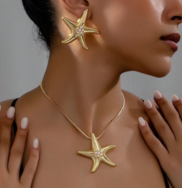 Conjunto de Collar con Colgante de Estrella de Mar y Perlas Falsas y Pendientes de Estilo Playa de Moda de 3 Piezas