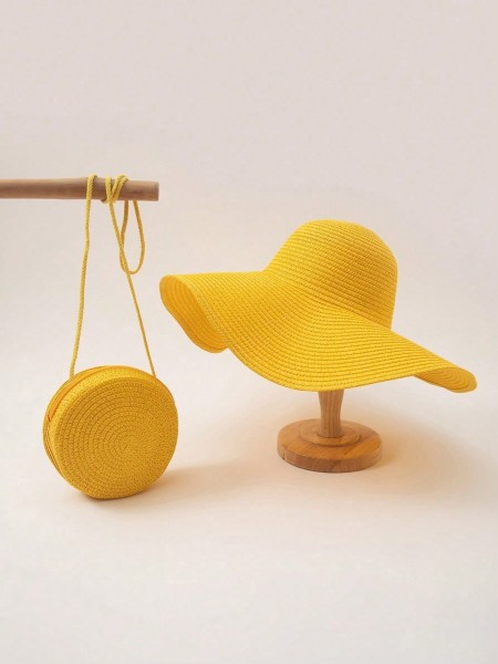 Conjunto de Sombrero de Paja de Ala Ancha y Bolso para la Playa