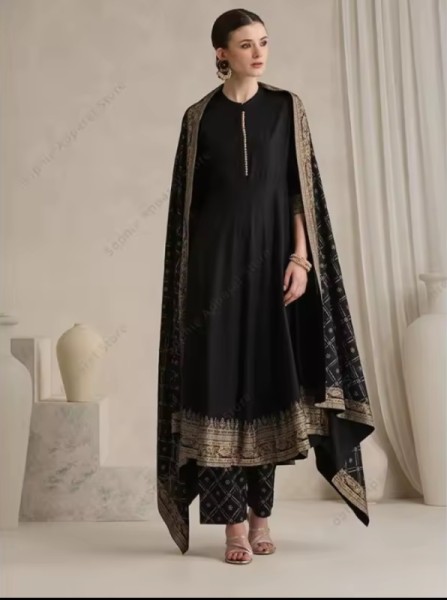 Conjunto Elegante Shalwar Kameez Dupatta Negro para Mujeres Traje de Algodón con Estampado Vintage Estilo Tradicional Bollywood Primavera