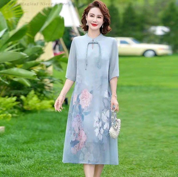 Elegant Gentle Cheongsam Women's Plus Size Printed Flower Dress