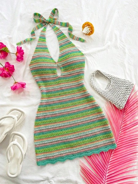 Elegant Green Stripe Halter Mini Dress