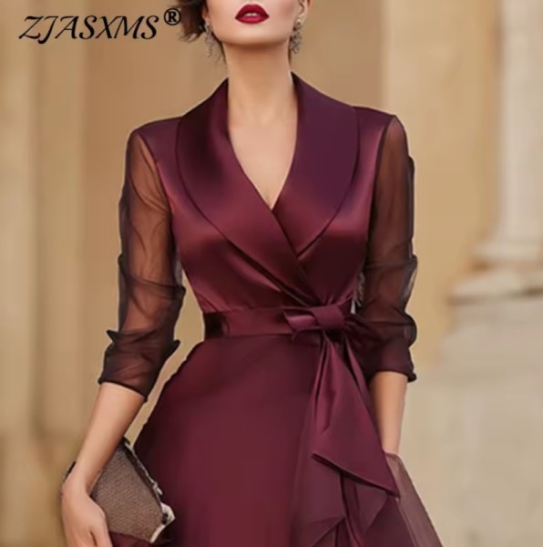 Elegant Lapel Ruffle Mesh Party Dress Women Spring Solid High Waist Bowknot Flowy Maxi