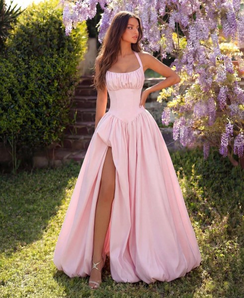 Elegant Off Shoulder Ruched High-Waist Slit Back Evening Gown