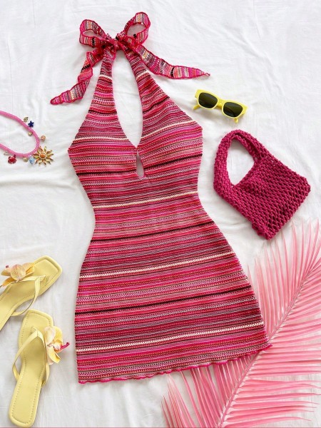 Elegant Pink Stripe Boho Summer Mini Dress