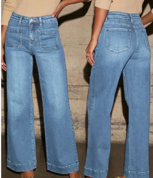 Elegant Women's Washed Denim Straight Leg Pants, With Practical Pockets, Medium Stretch, Suitable For Daily Wear