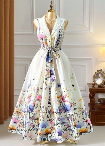 French Retro Elegant Cream Floral Print Dress