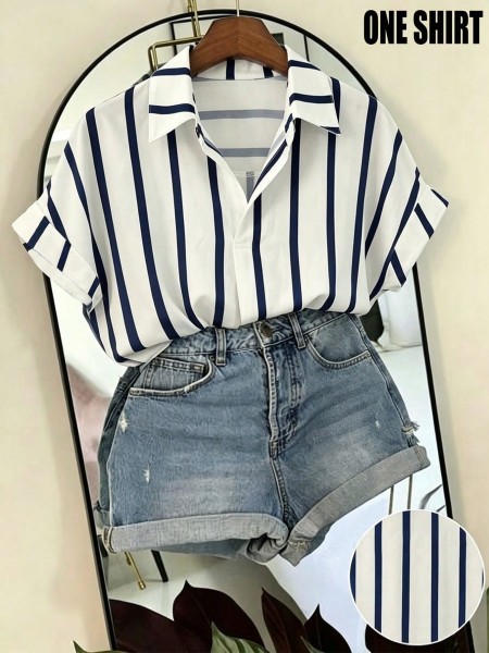 French-Style Loose Batwing Sleeve Navy And White Striped Women's Shirt
