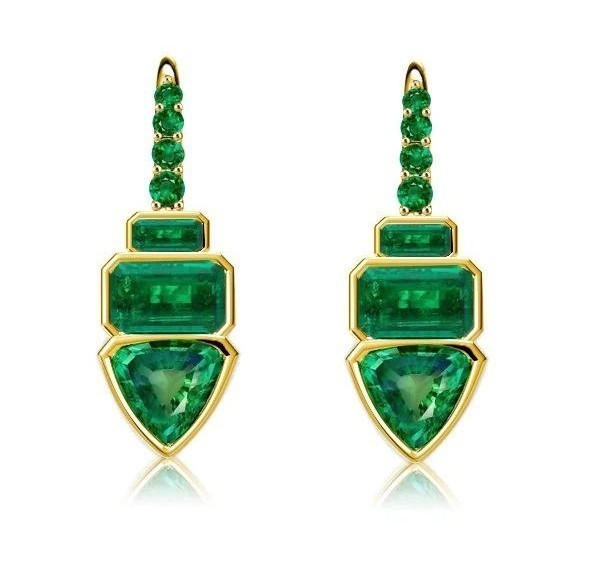 Italo Golden Trilliant Cut Emerald Color Drop Earrings