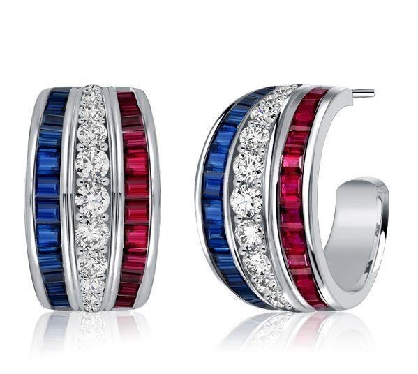 Italo Triple Row Blue Sapphire Ruby Hoop Earring For Women