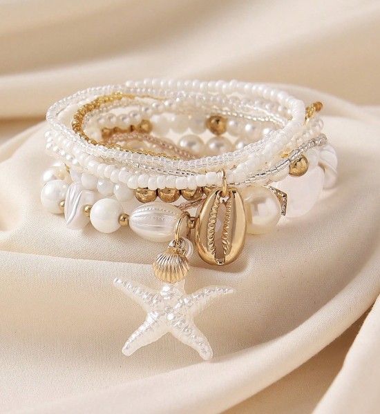 Juego de 7pcs/4pcs Pulseras en Capas con Cuentas de Estrella de Mar y Concha de Perla Falsa de Resina Inspiradas en el Océano