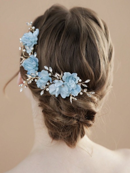 Ombre Silk Flower, Golden Metal Leaf & Rhinestone Decor Hair Comb