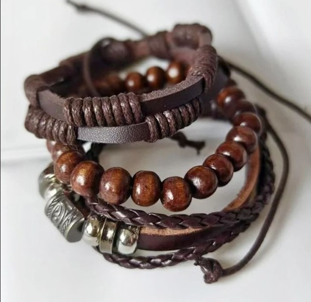 Pulseira de Couro e Madeira Estilo Cowboy de Rua