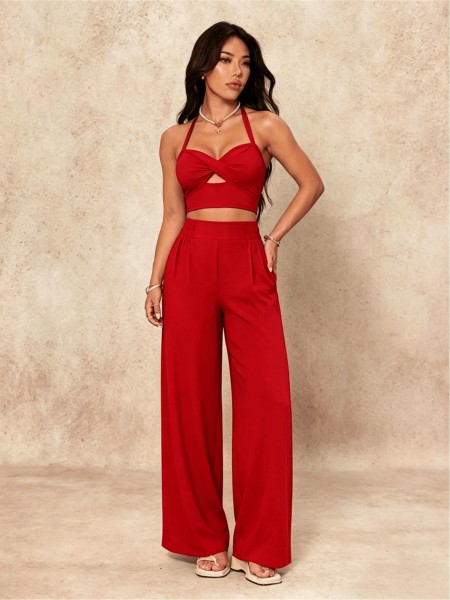 Red Lightweight Breathable Cutout Cami Crop Top And High Waist Wide Leg