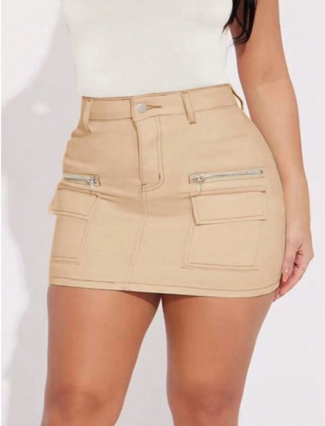 Saia Mini Cargo Caqui Ajustada Estilo de Rua Casual Feminina