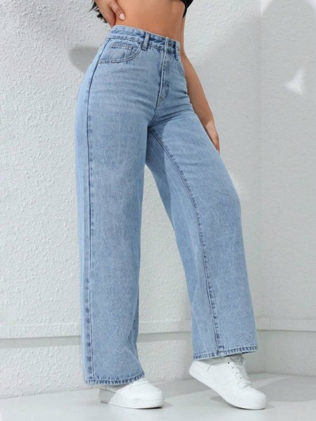SHEIN ICON Jeans de Corte Recto Casual de Ajuste Suelto para Mujeres con Bolsillos