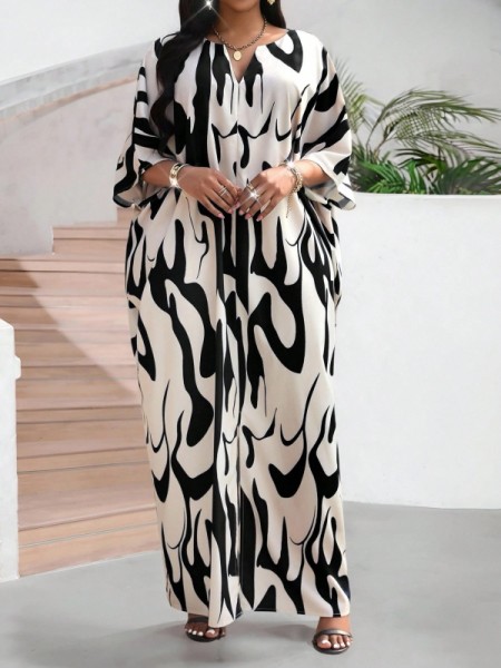 SHEIN Lady Bicolor Baskılı Kaftan Abaya Elbise