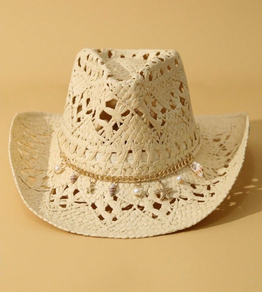 Sombrero vaquero de ala ancha con decoración de conchas naturales calado