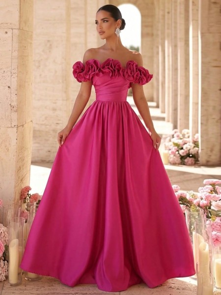 Vestido Elegante Lujoso de Satén Floral 3D con Manga Hombro Caído Fruncido y Borde Extra Ancho