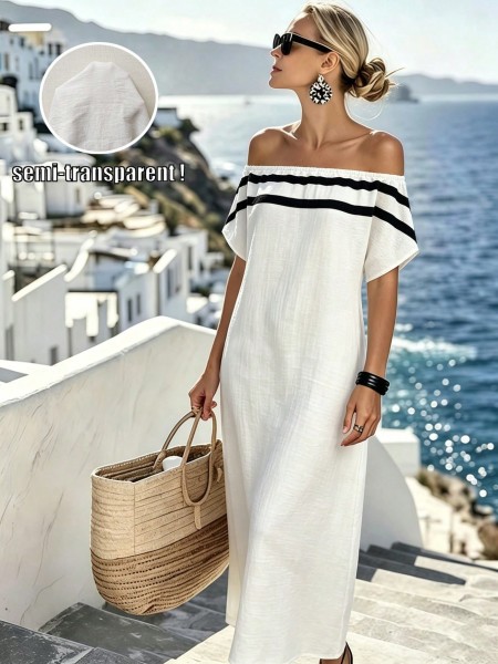 Vestido midi casual de vacaciones a rayas blanco con hombros descubiertos para mujeres