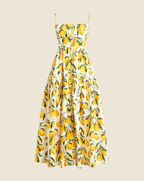 Vestido midi de verano para mujer con estampado de limones en tirantes finos en estilo mediterráneo
