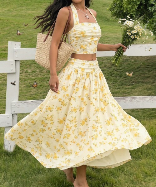 White And Yellow Ditsy Floral Backless Halter Top And Skirt Set