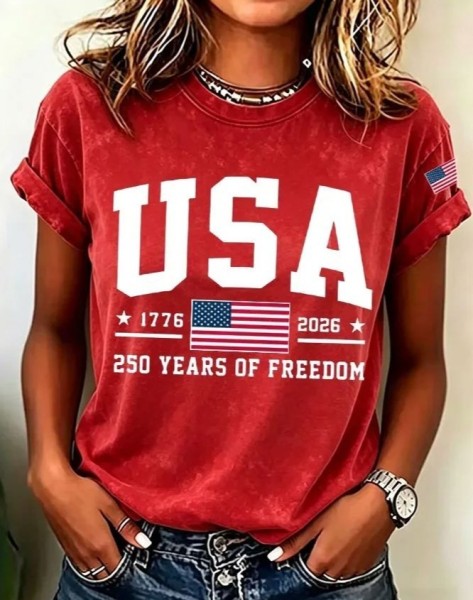 Women Independence Day (Flag) Short Sleeve Tee T-shirt Crew Neck Printing Casual