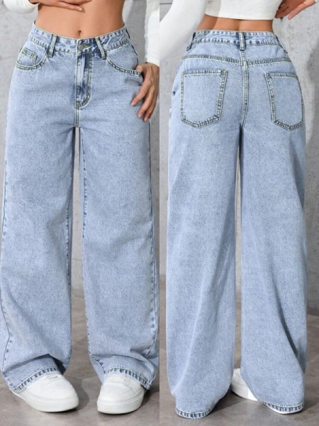 Women's Light Blue Straight Leg Jeans, Washed Effect, Non-Stretch Fabric, With Pocket, Zipper And Button Details, Long Casual Style, Non-Stretch, Casual Elegant Style, Summer Clothing, Concert Clothing, Vacation Clothing, 90% Cotton