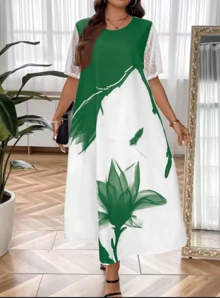Women's Plus Size Floral Print Mesh Sleeve Maxi Dress