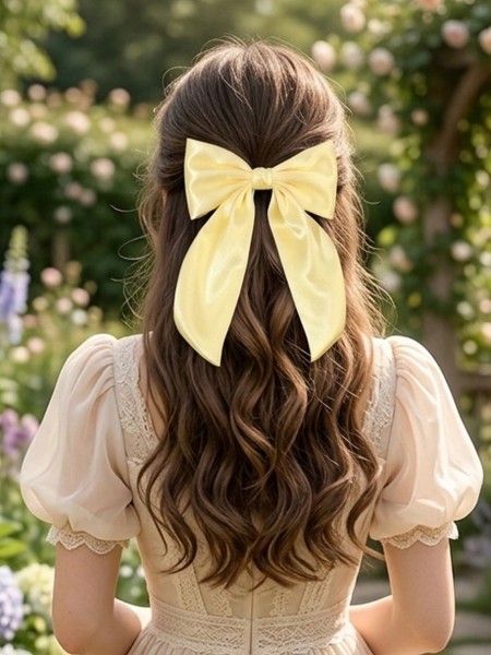 Yellow Ribbon Bow Hair Clip For Girls, Solid Color Elegant Gentle Hair Bow Accessory