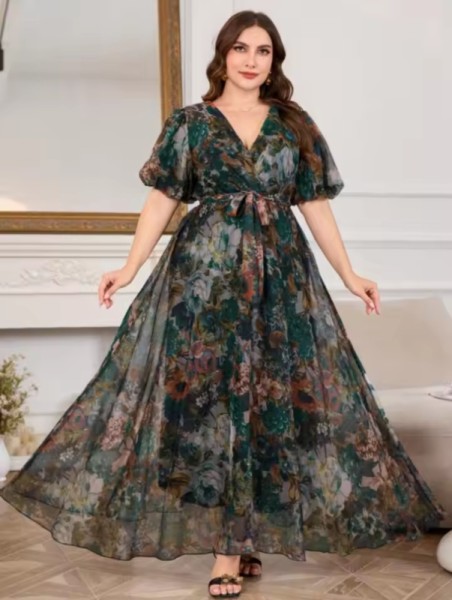 Yeni Vintage Orman Yeşili Çiçekli Şifon Maksi Elbise Büyük Beden
