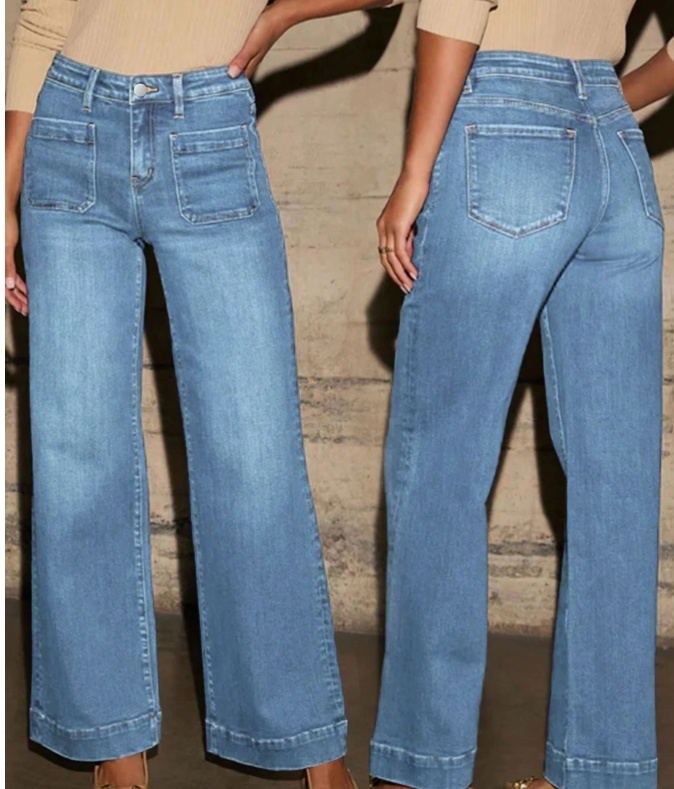 Elegant Women's Washed Denim Straight Leg Pants, With Practical Pockets, Medium Stretch, Suitable For Daily Wear