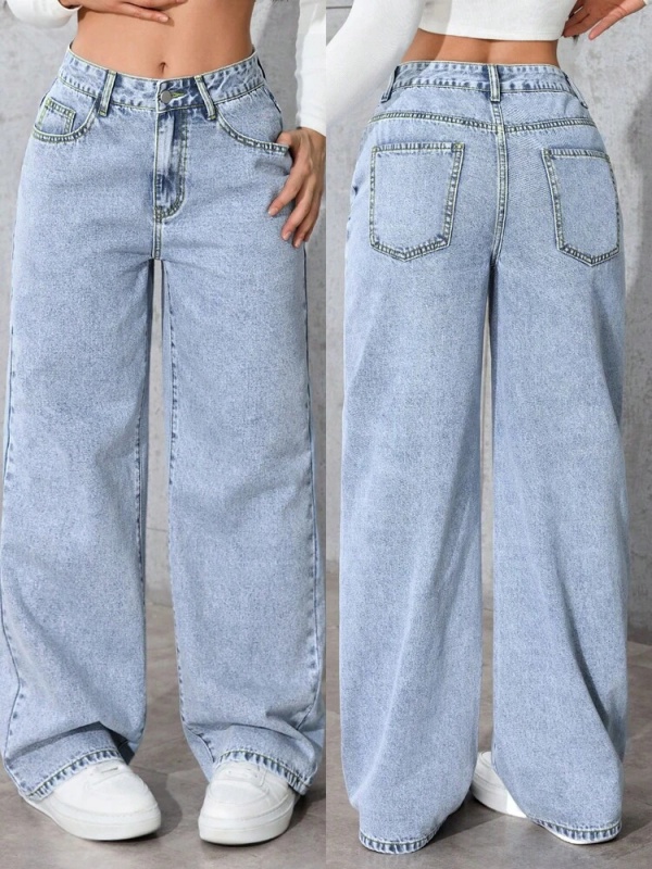 Jeans droits bleu clair pour femmes, effet lavé, tissu non extensible, avec poche, détails fermeture éclair et bouton, style long décontracté, non extensible, style élégant décontracté, vêtements d'été, vêtements pour concert, vêtements de vacances, 90% c