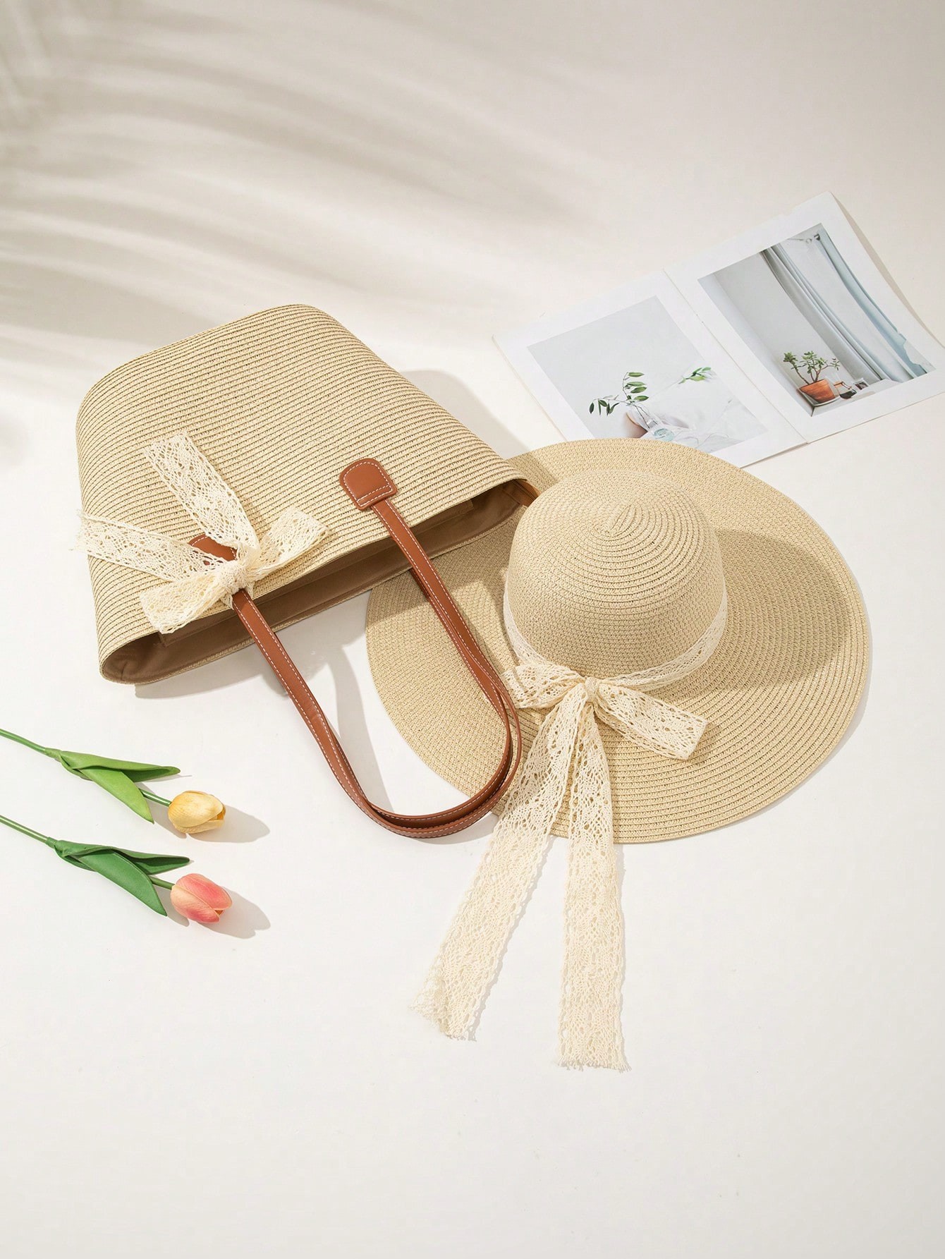1 Chapeau de Paille + 1 Sac, Ensemble Décontracté de Vacances