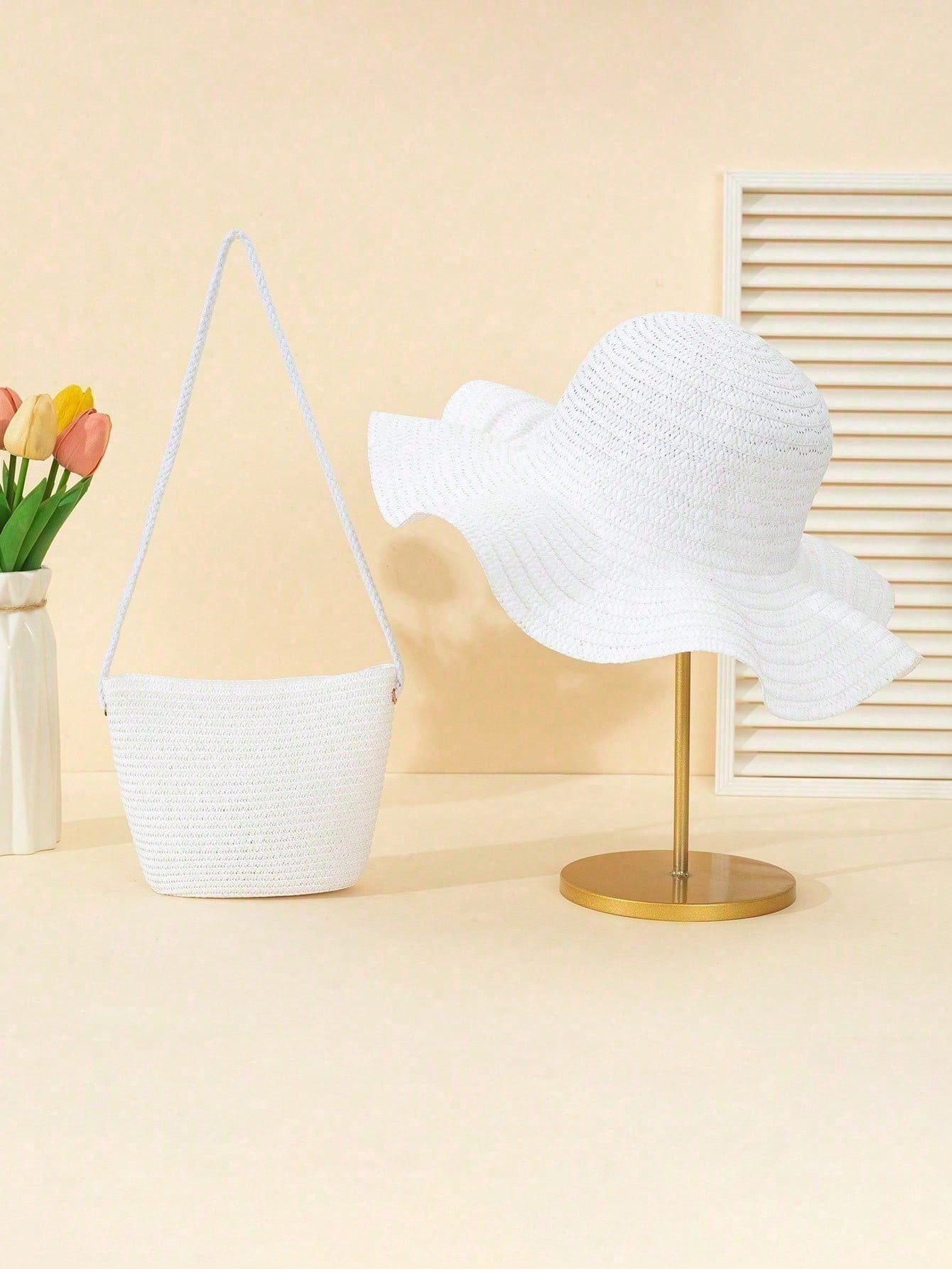 2pcs/Set Wave Beach Sun Hat And Woven Shoulder Bag