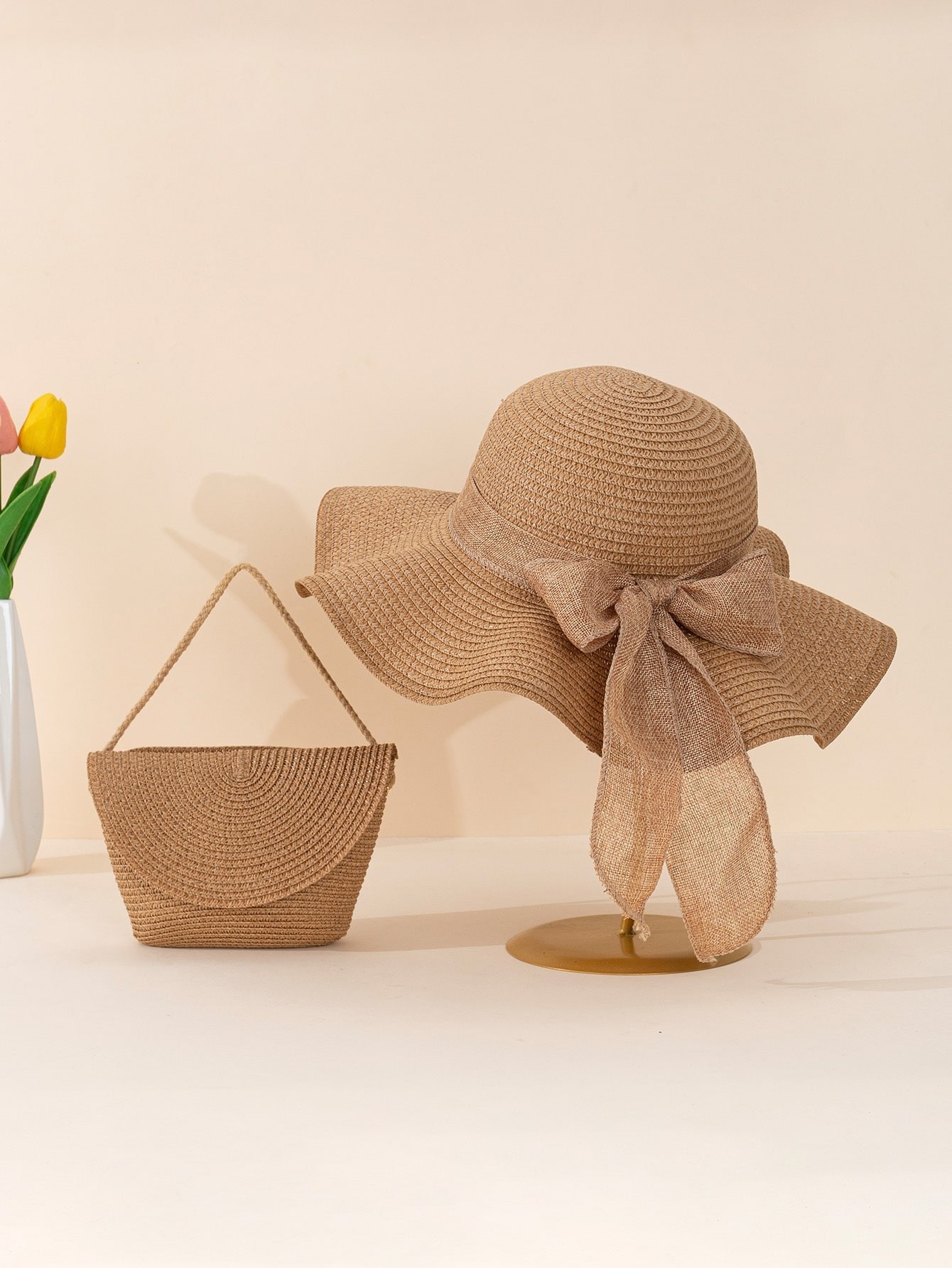 2pcs Women's Khaki Wave & Bowknot Decor Beach Sun Hat And Crossbody Woven Bag