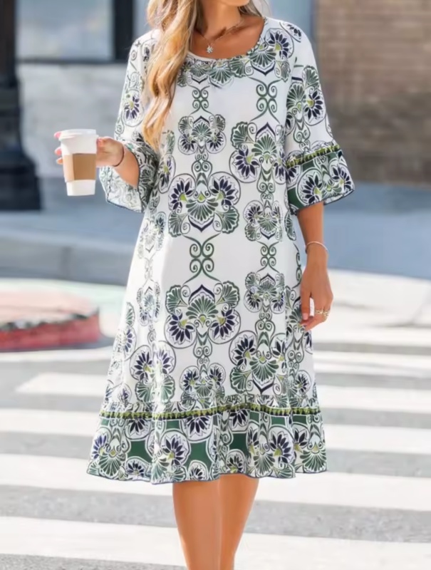 Boho Geometric Floral Print Round Neck Elbow Sleeve Border Hem Tunic Dress For Women