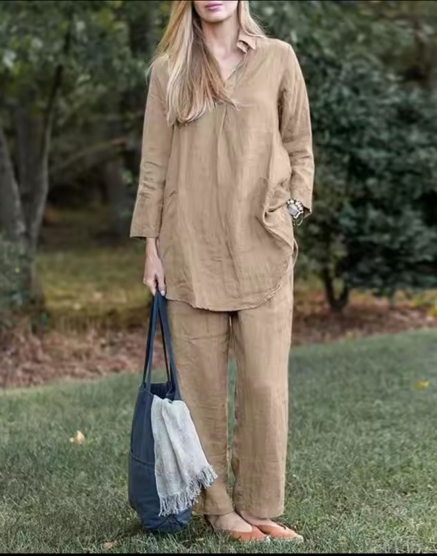 Camicia Donna Cotone Lino Manica Lunga Collo a Revers Larga Autunno [Abbigliamento sportivo]